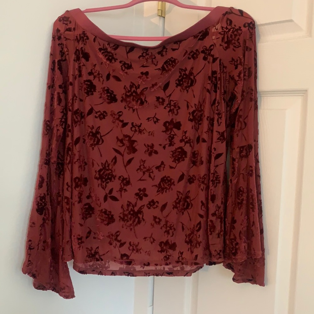 Red Bell-Bottom Sleeve Top with Floral Velvet